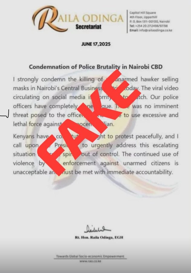 Statement on Raila advising Ruto over police brutality fake