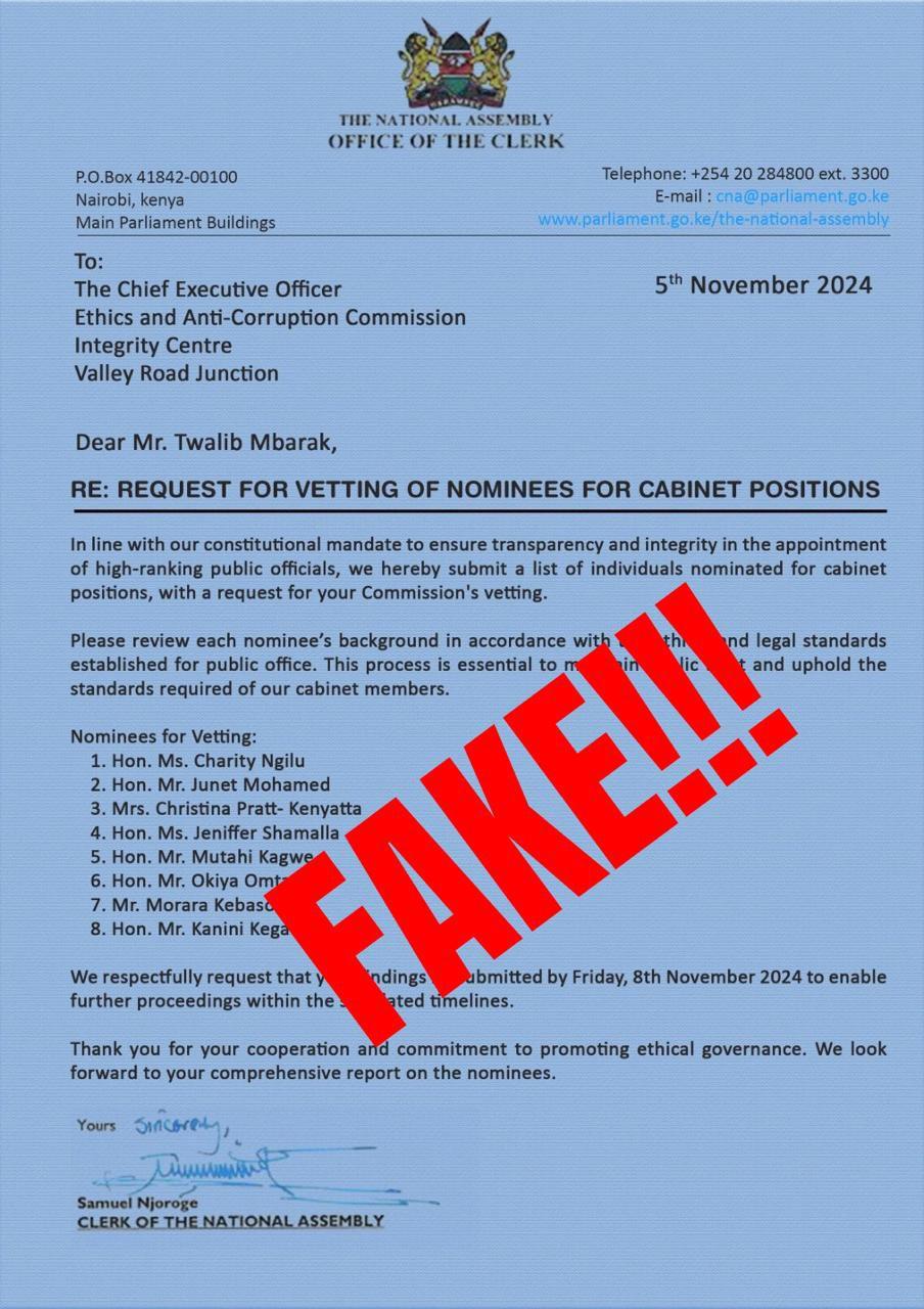 Letter to EACC with list of 8 Cabinet nominees fake