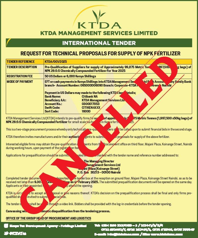 KTDA cancels tender for supply of NPK fertiliser